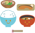 食事イラスト・ごはん、味噌汁、焼き鮭、煮物